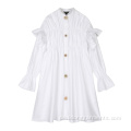 Women Casual Mode White Knopfkleid Langarm Kleid